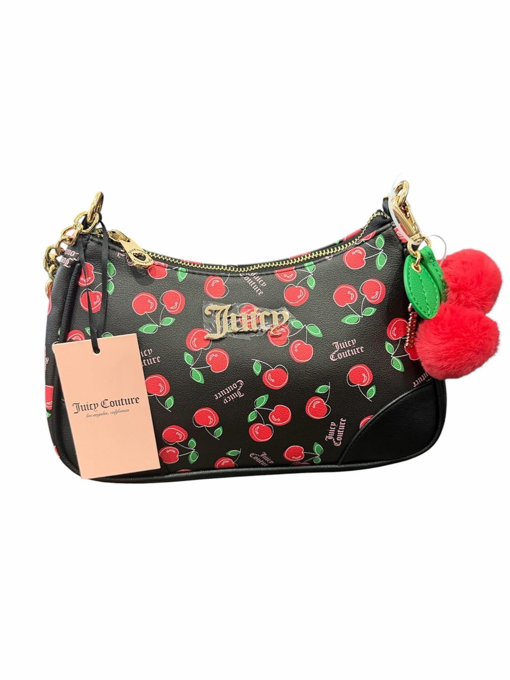 Juicy Couture Black Cherry Print Shoulder Bag with Red Pom Pom